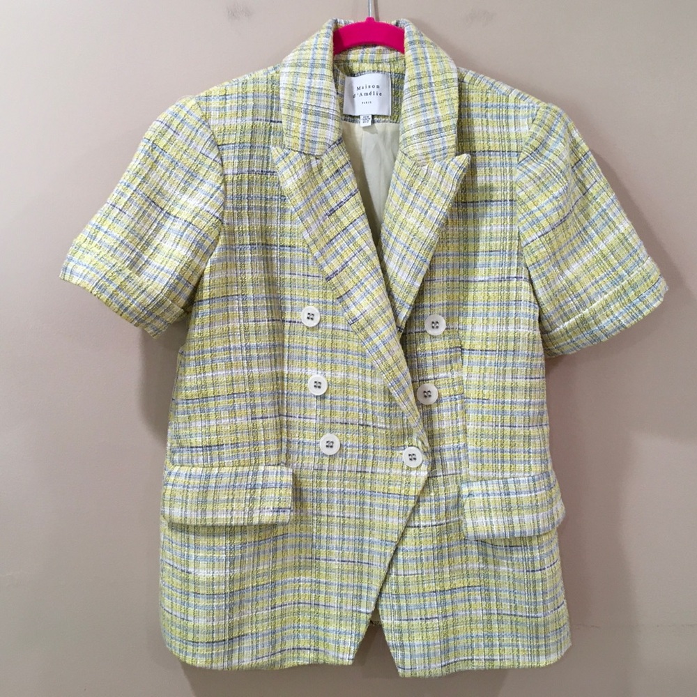 Maison D’ Amelie Jacket Women M Tweed Yellow Blue Double Breasted Short Sleeve